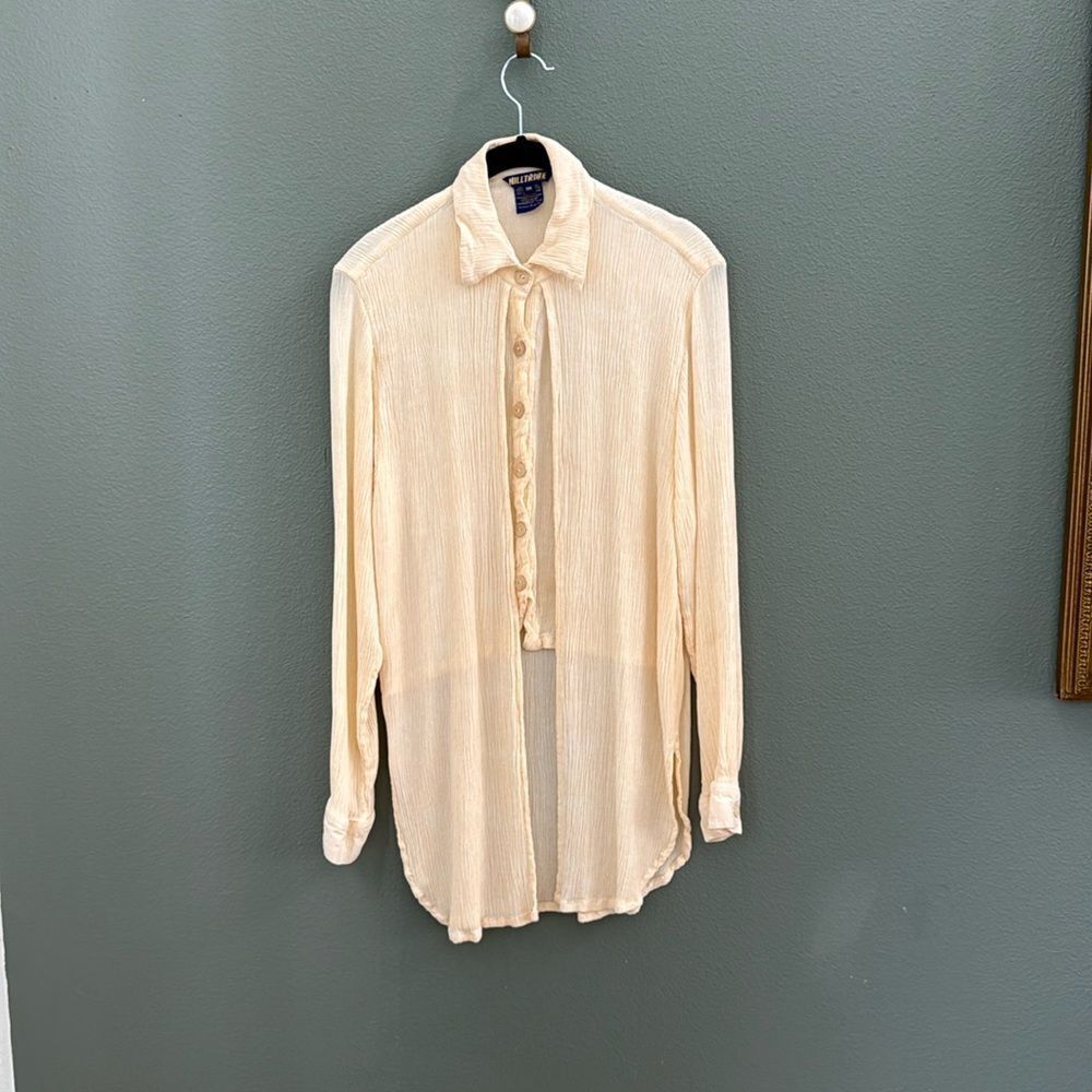 Hilltribe Pleated Crinkle Creme Blouse Women's Size S Tie Front
